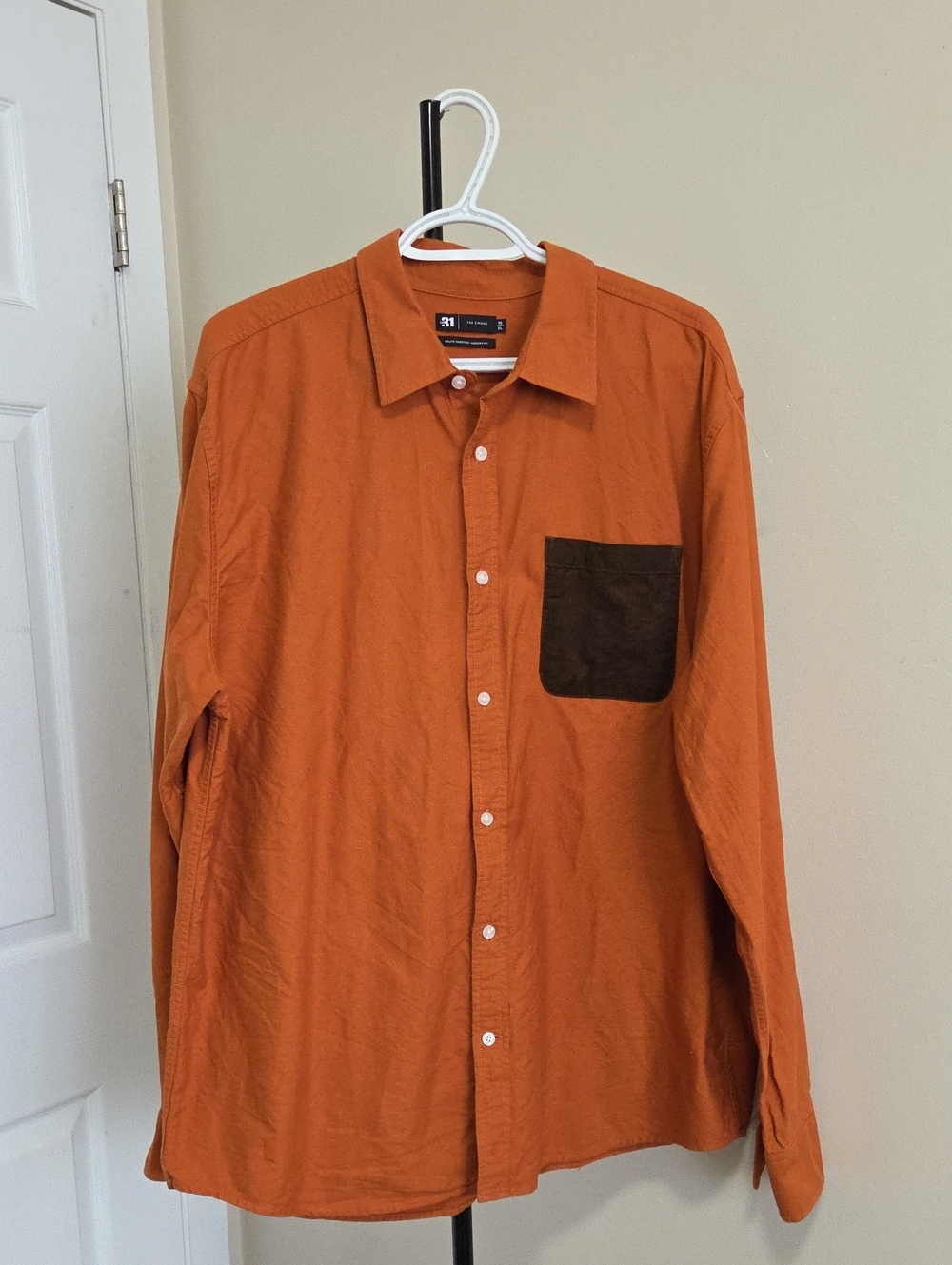 Simons Cotton Blend Orange Button-Down Shirt with Dark Chest Pocket